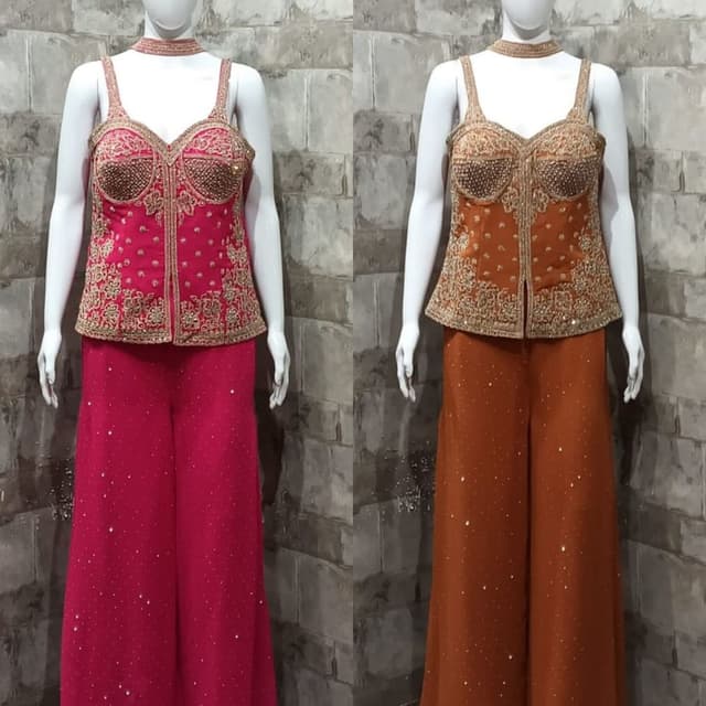 Hot Pink and Gold, Burnt Orange and Gold Lehenga Choli Set (Crop Top and Palazzo Pants)