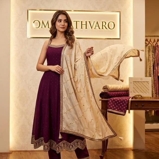Deep Purple, Cream, Gold Anarkali Suit with Pants and Dupatta