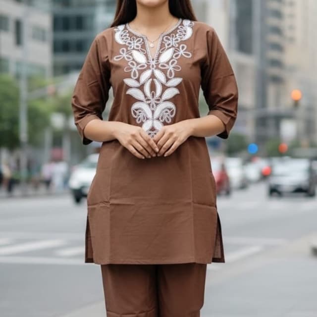Brown with White Embroidery Kurta and Pants Set