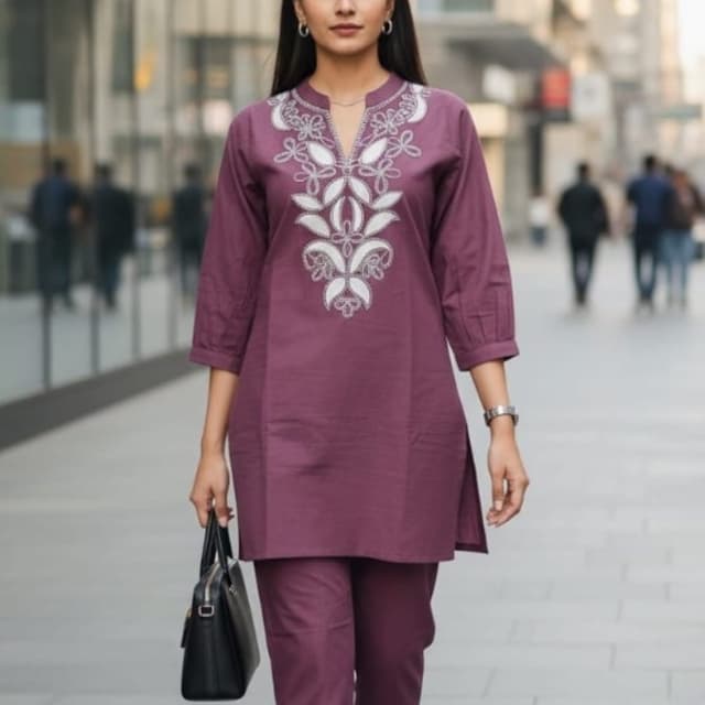 Plum with white and silver embroidery Kurta and Pants Set