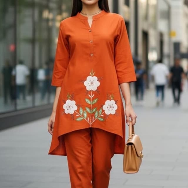 Orange, White, Green Kurti and Pants Set