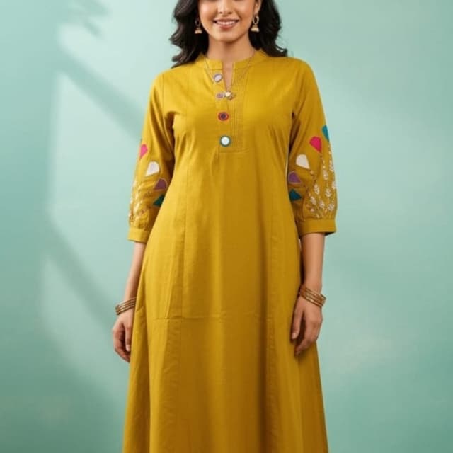 Mustard yellow, multicolor accents Kurta and Pants Set