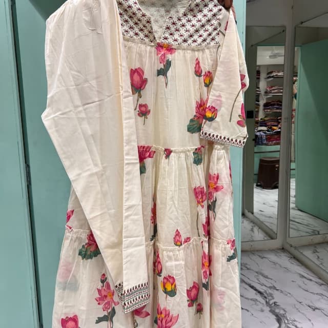 Cream with pink and green floral print, maroon and green border details Kurta with Dupatta
