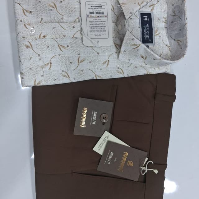 White with brown and gold print, Brown Shirt and Trousers