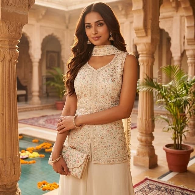 Cream, Beige, pastel floral colors Lehenga Choli with Jacket