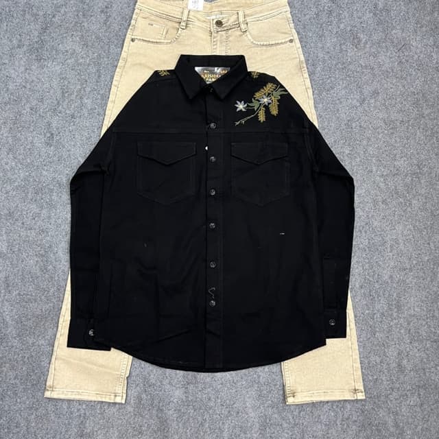 Black, beige, green, white Shirt and Jeans