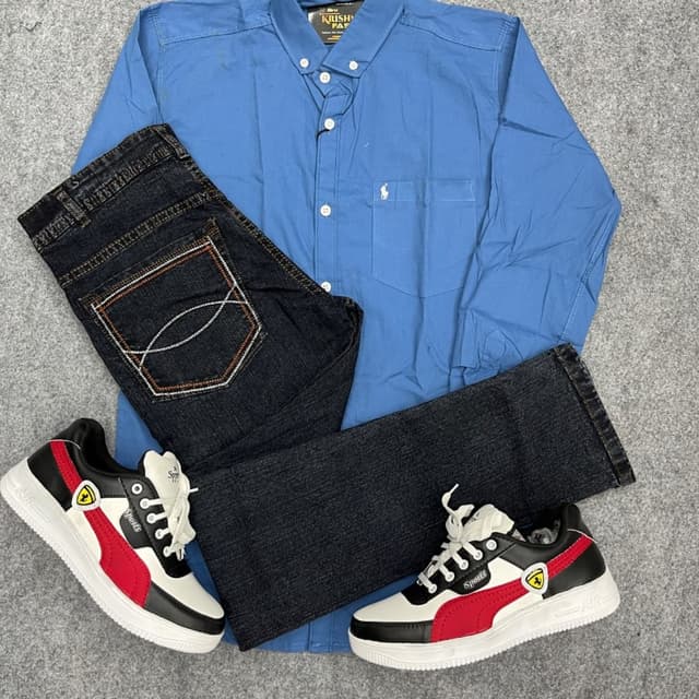 Blue, Dark Wash Denim, White, Black, Red Shirt and Jeans