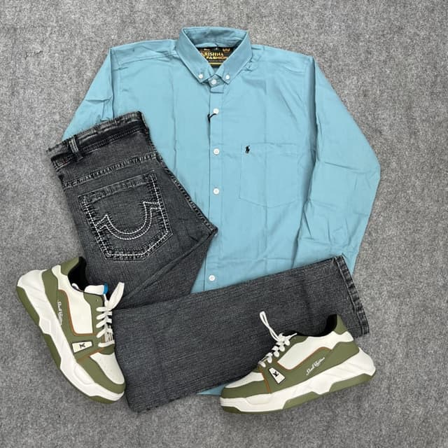 Light Blue, Charcoal Grey, White, Olive Green Men's Outfit (Shirt, Jeans, Sneakers)