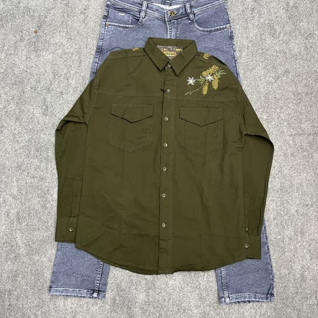 Olive Green, Light Blue, Beige, White Shirt and Jeans