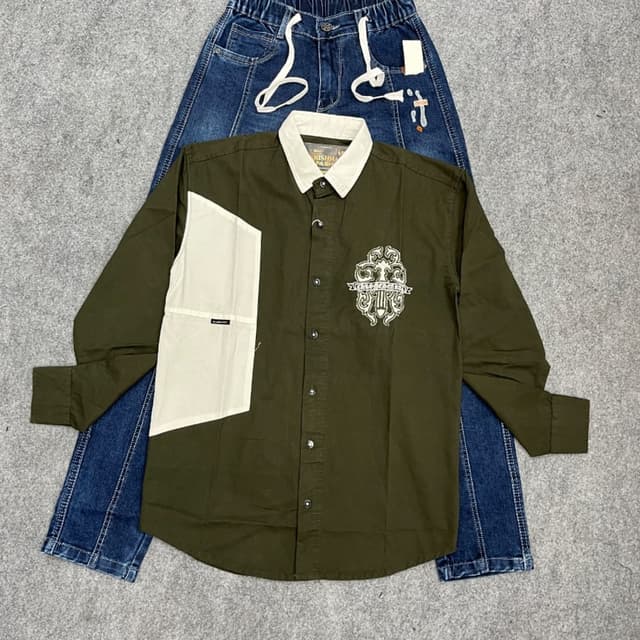 Olive green, White, Blue denim Shirt and Jeans