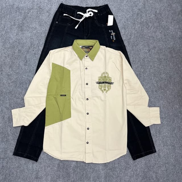 Beige, Green, Black Shirt and Jeans