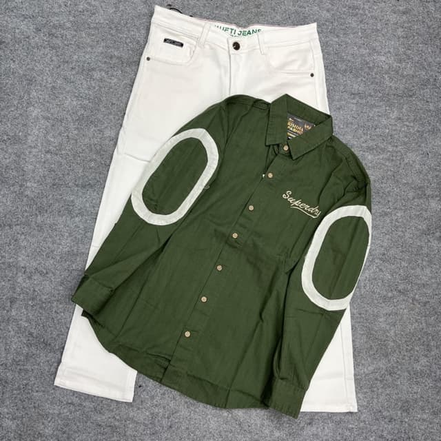 Olive Green, White Shirt and Jeans