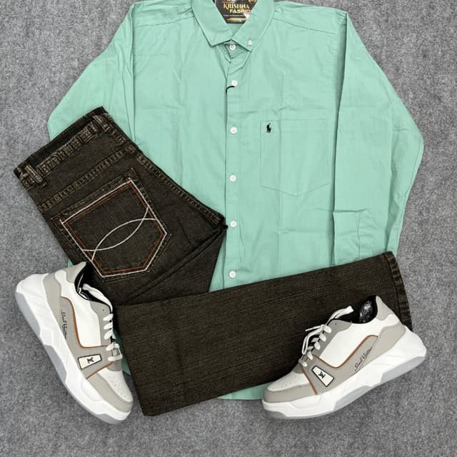 Mint green, Dark brown, White, Grey Shirt and Jeans