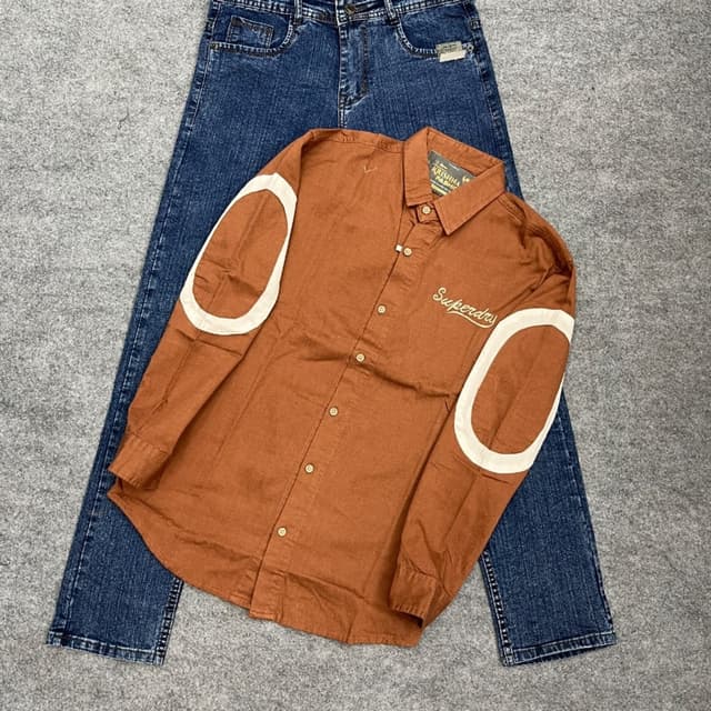 Brown, Blue, White Shirt, Jeans