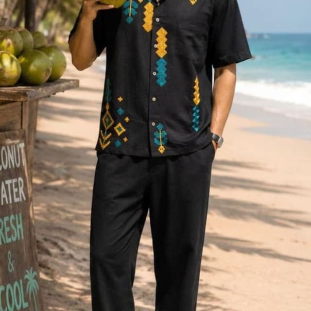 Black with yellow and teal embroidery Shirt and Trousers Set