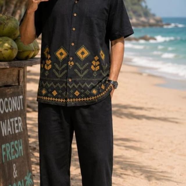 Black with yellow and green embroidery Camp Shirt and Trousers