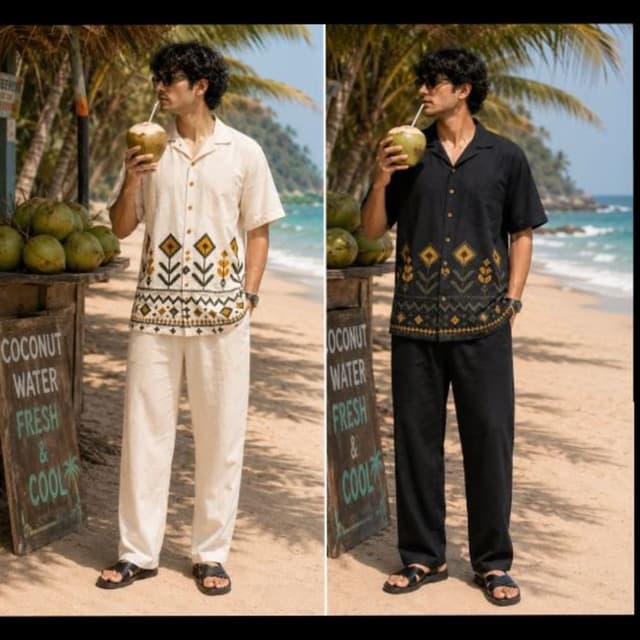 Cream and Black with Ochre and White geometric embroidery Camp Shirt and Trousers Set
