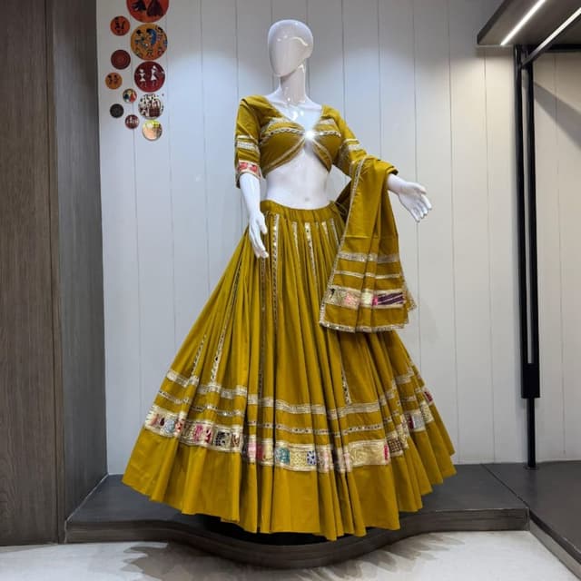 Mustard Yellow, Multicolor Lehenga Choli