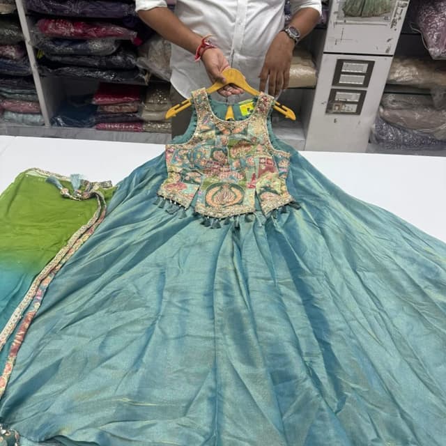 Teal blue with multi-colored embroidered bodice Lehenga Choli