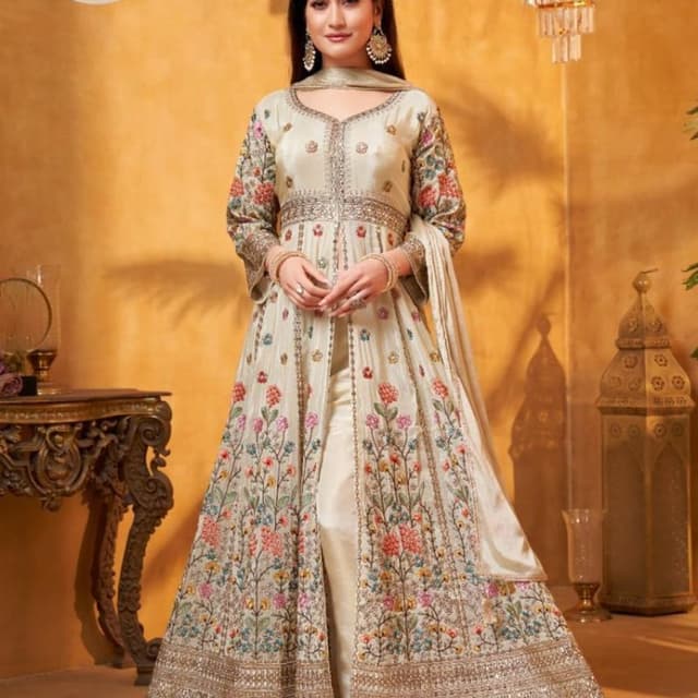 Off-white, Beige, Multicolor floral embroidery, Gold border Anarkali Suit with Pants and Dupatta