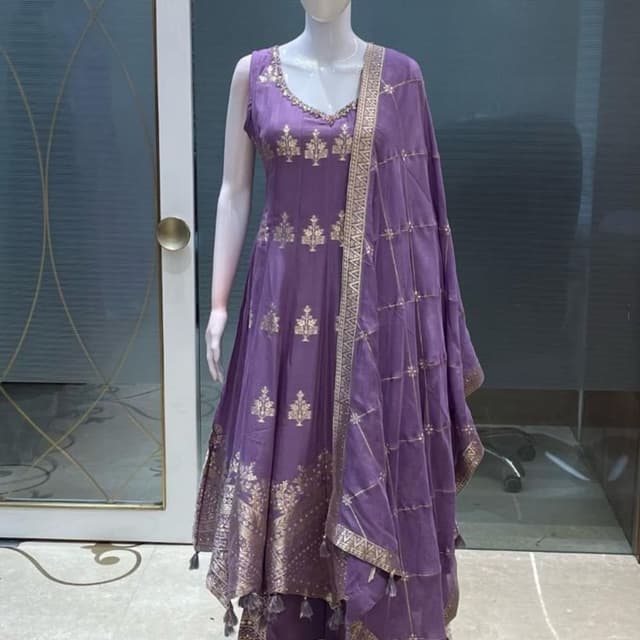 Purple with gold accents Anarkali suit with palazzo pants and dupatta