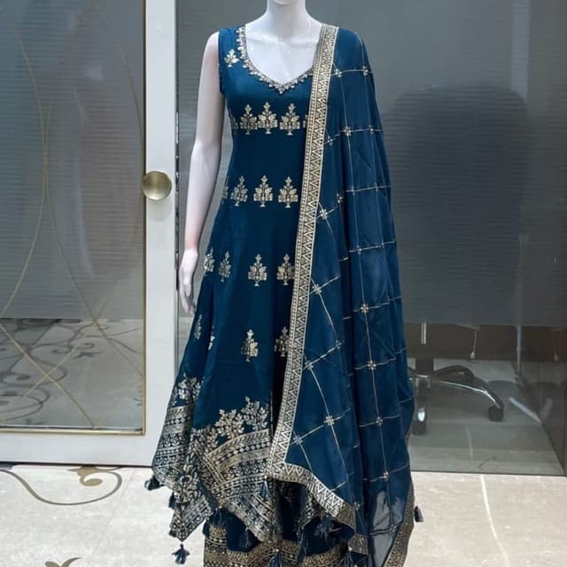 Deep Teal with Gold Anarkali Suit with Dupatta