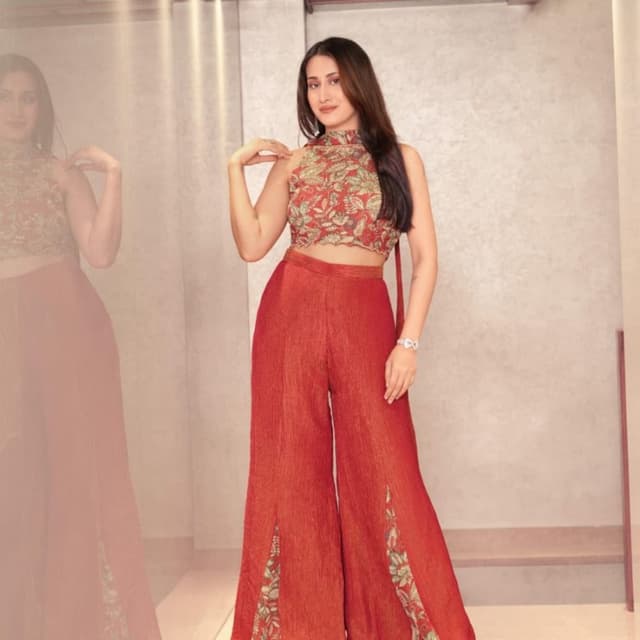 Red, Green, Beige Crop Top and Palazzo Pants Set