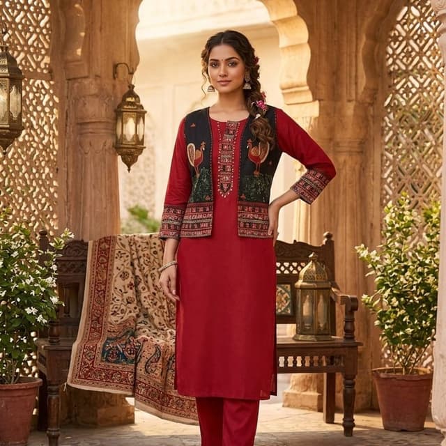 Red, Black, Green, Gold, White Kurta Set with Jacket