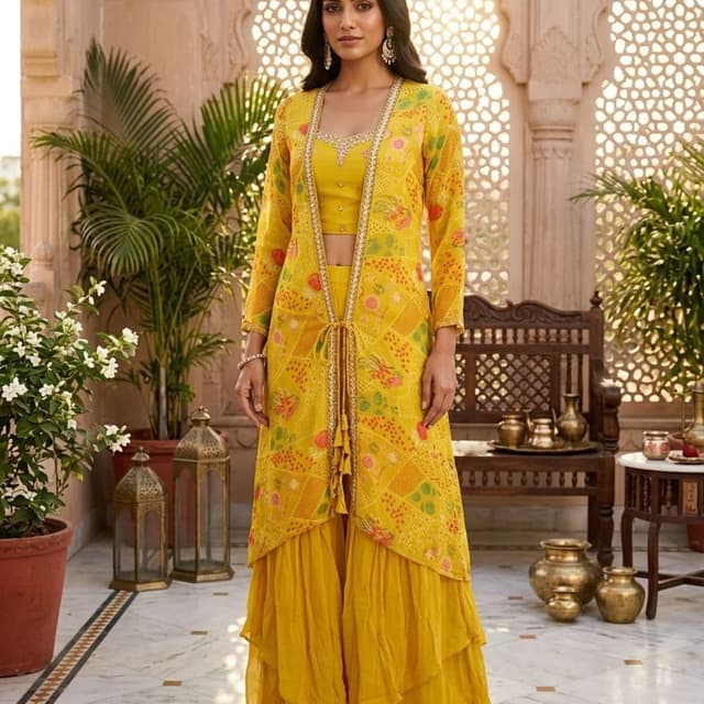 Yellow, green, pink, orange, white Sharara Set with Jacket