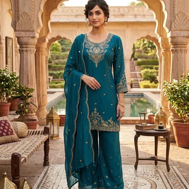 Teal with gold embellishments Sharara Suit