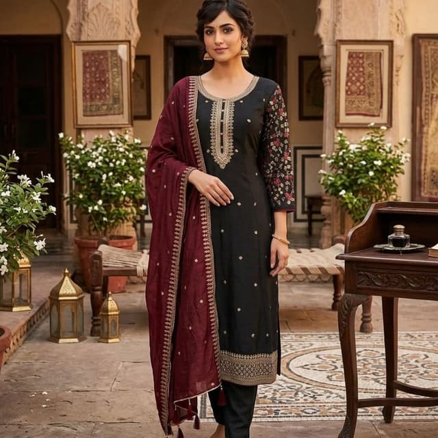 Black, Maroon, Gold Salwar Kameez Set