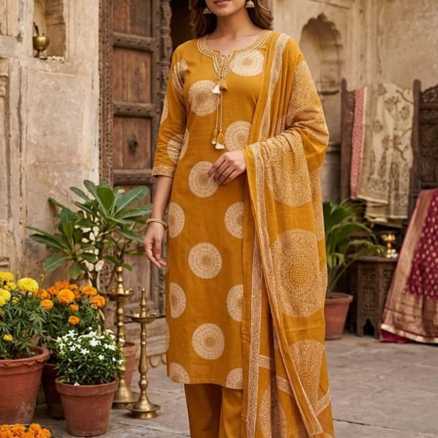 Mustard Yellow with White/Cream print Kurta set with Dupatta
