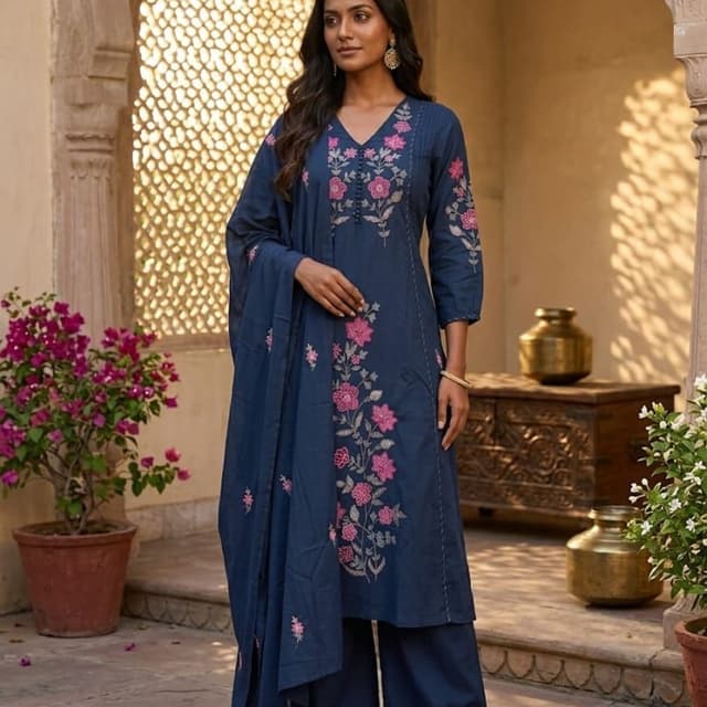 Deep Blue with Pink and Grey floral embroidery Kurta with Palazzo and Dupatta