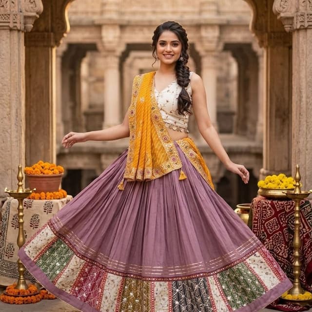 Purple, Yellow, White, Multicolor Lehenga Choli