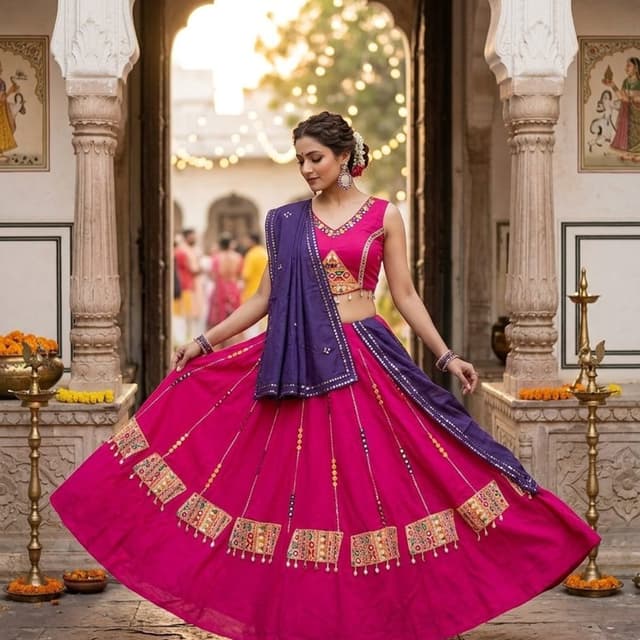 Fuchsia, Deep Purple, Multi-colored Embroidery Lehenga Choli
