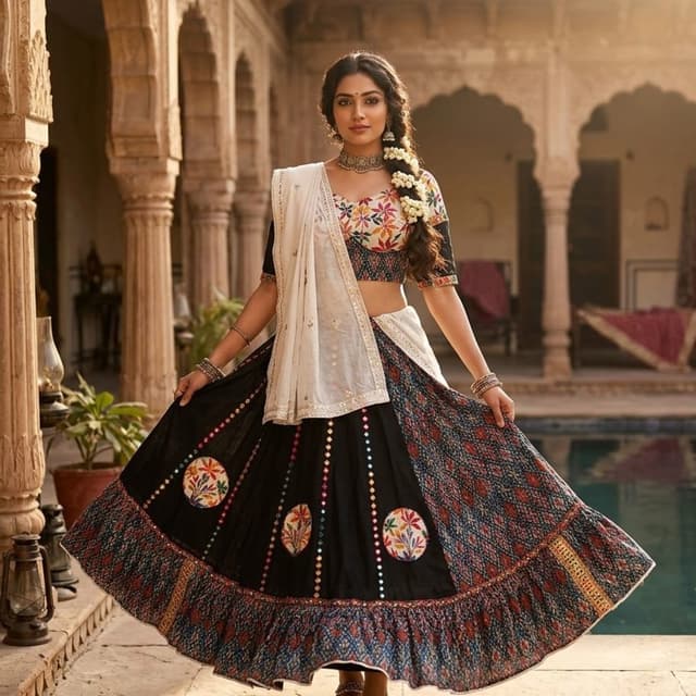 Black, White, Multi-color floral print, Red, Blue, Yellow, Orange Lehenga Choli