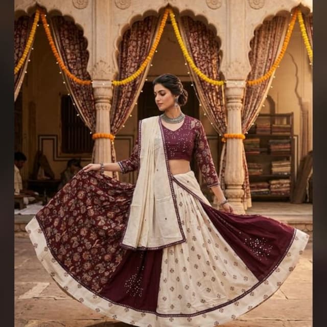 Maroon, Cream, Beige Lehenga Choli