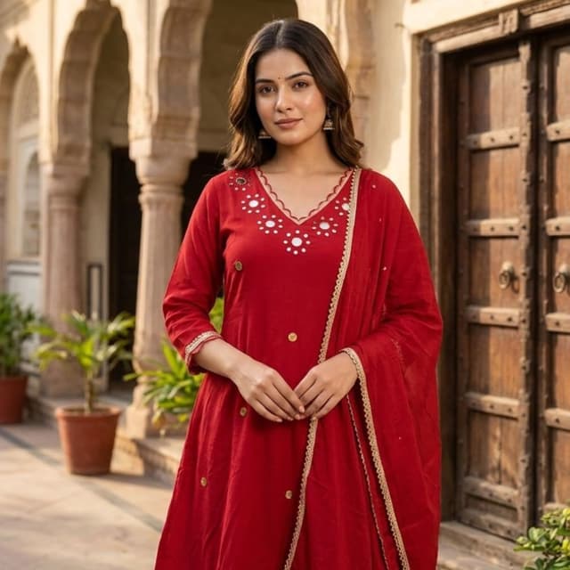 Red with gold accents Kurta Set with Dupatta