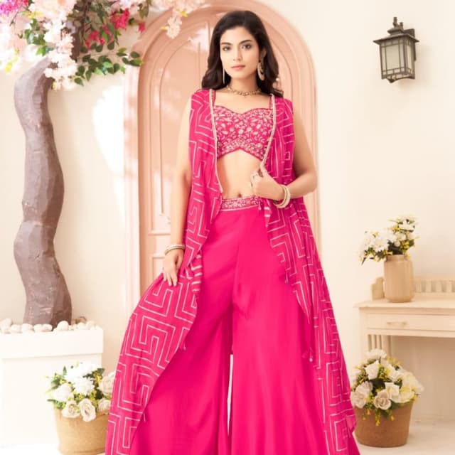 Hot Pink with White geometric pattern  Palazzo Suit Set with Jacket