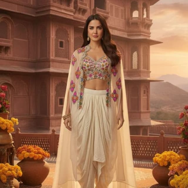 Cream, multicolor floral embroidery Lehenga Choli with Cape