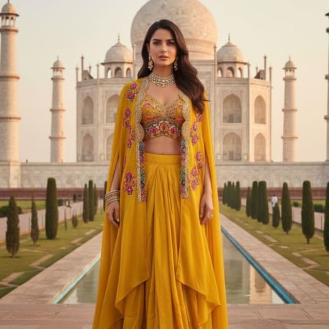 Mustard Yellow with multicolor floral embroidery Lehenga Choli with Cape