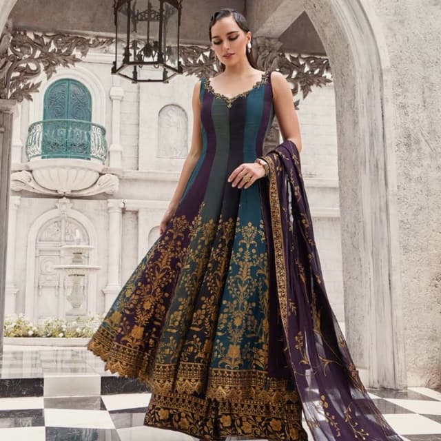 Teal, deep purple, navy, gold Anarkali suit with dupatta