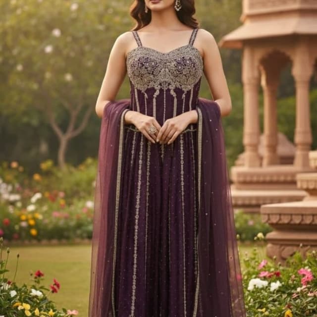 Deep Plum/Purple with Silver/Gold Embellishments Anarkali Gown