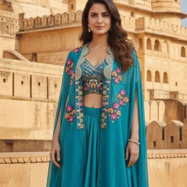 Teal, Multicolor Lehenga Choli with Cape
