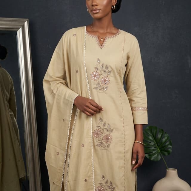 Beige, Brown, White Kurta Set