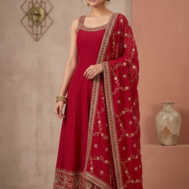 Red with gold embellishments Anarkali Suit