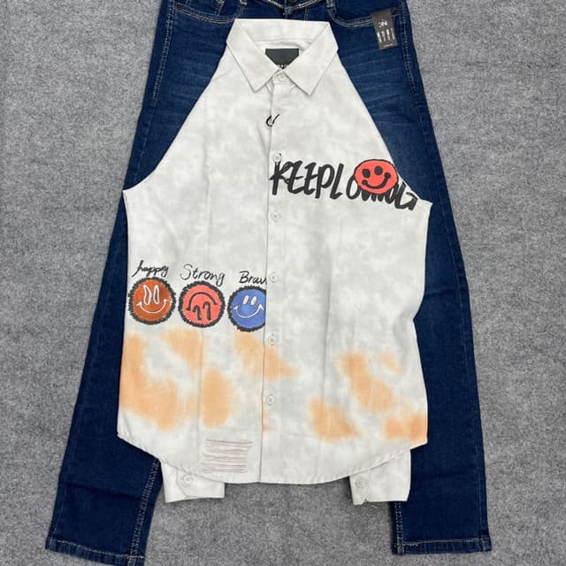 White, Orange, Blue, Black, Dark Blue Shirt and Jeans