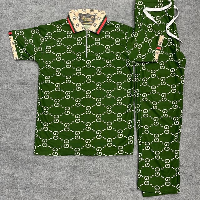Green with white and beige accents Polo shirt and pants set