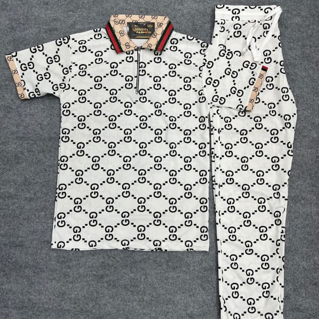 White with black and beige monogram, red and green collar trim Polo Shirt and Pants Set