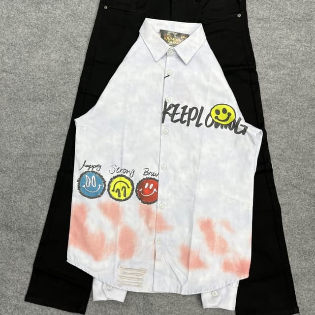 White, Black, Pink, Yellow, Blue Shirt and Jeans